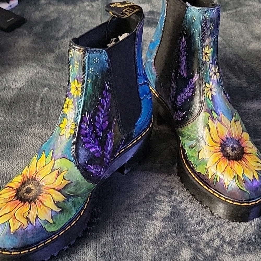 Handpainted Doc Marten Chelsea Platform Boots Sunflower Design One of a Kind! - Picture 4 of 16